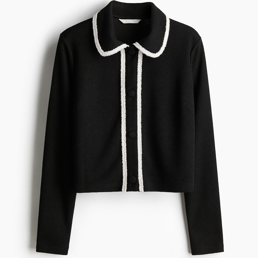 New Season H&M Black Boucle Cardigan w Peter Pan Collar Contrast Cream Stitching